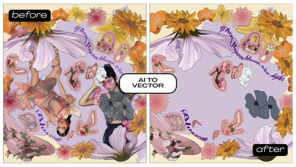 ภาพวาดเวกเตอร์ สไตล์แฟชั่น ผู้หญิงกับดอกไม้ ดีไซน์การ์ตูนสำหรับงานออกแบบ