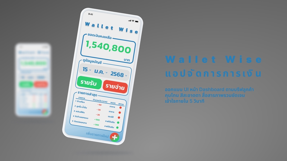 ออกแบบแอพพลิเคชั่นการเงิน Wallet Wise แสดงยอดเงินและรายการธุรกรรม