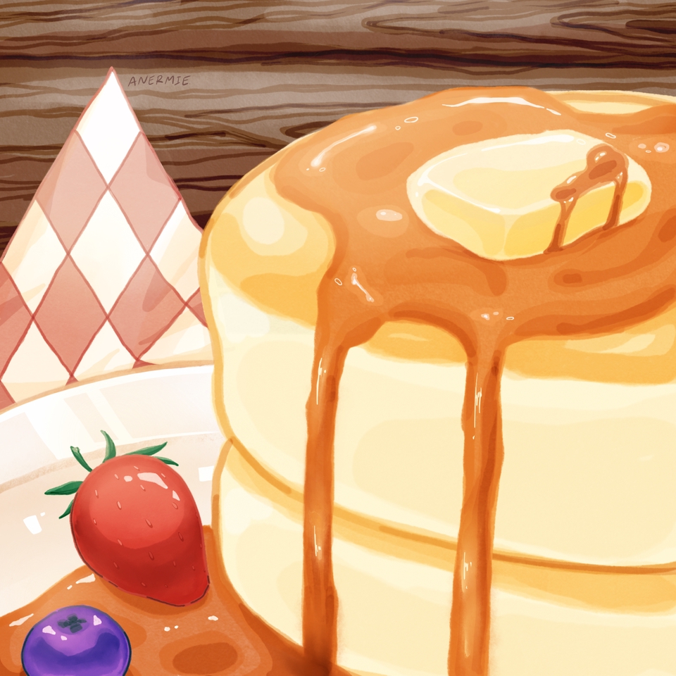 รับวาดภาพประกอบอาหาร ภาพแพนเค้กราดซอสและผลไม้ วาดภาพดิจิตอลเพ้นท์