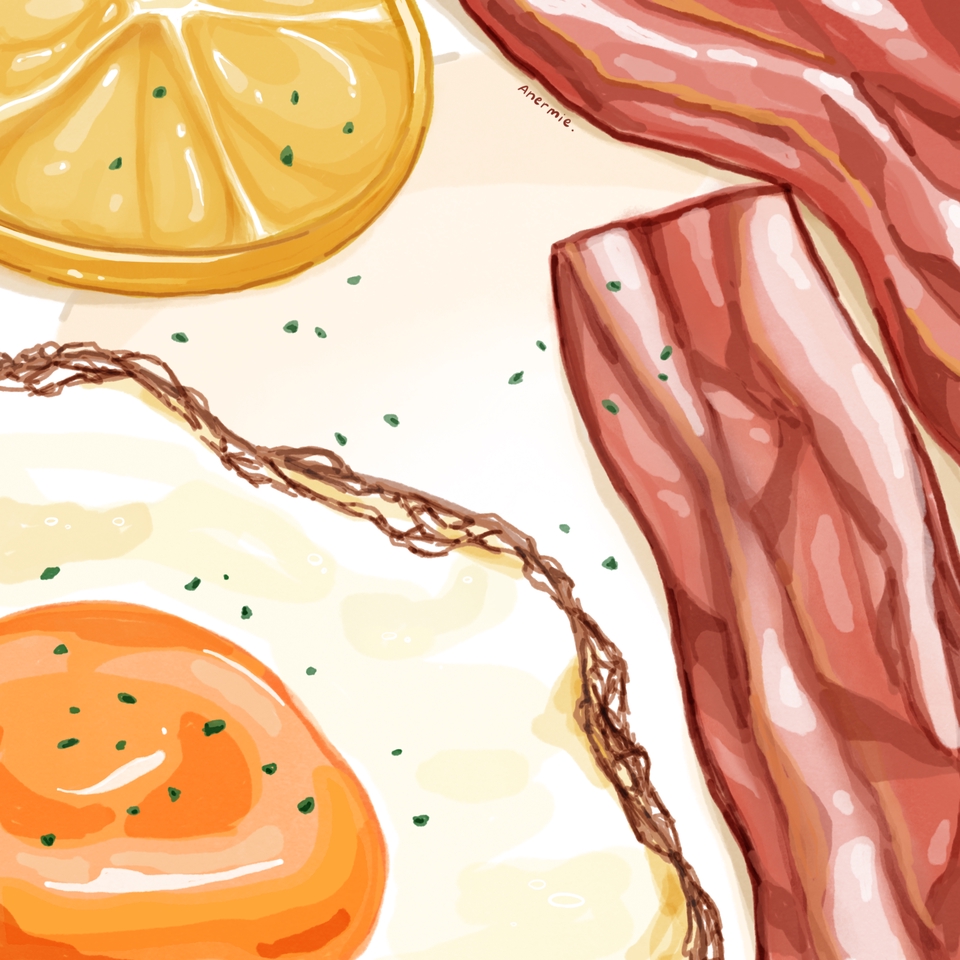 วาดภาพประกอบอาหารเช้า เบคอน ไข่ ไข่ดาว ส้ม