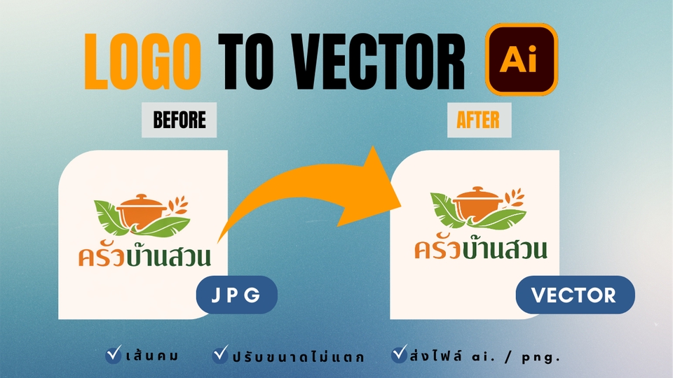 รับออกแบบโลโก้สำหรับร้านอาหาร ครัวบ้านสวน แปลงไฟล์โลโก้จาก JPG เป็น Vector พร้อมออกแบบโลโก้ให้สวยงามคมชัด ปรับขนาดได้ไม่แตก ไฟล์ ai และ png พร้อมใช้งาน ออกแบบโลโก้ร้านอาหาร ทำโลโก้ รับทำโลโก้สวยๆ