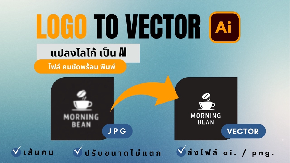 รับออกแบบโลโก้ แปลงไฟล์โลโก้เป็น Vector สวยคมชัด พร้อมพิมพ์งานได้ง่าย ปรับขนาดได้ไม่แตก โลโก้ร้านกาแฟ MORNING BEAN รับทำโลโก้ ai png ออกแบบโลโก้ร้านอาหาร โลโก้มินิมอล รับออกแบบโลโก้สินค้า ออกแบบ logo