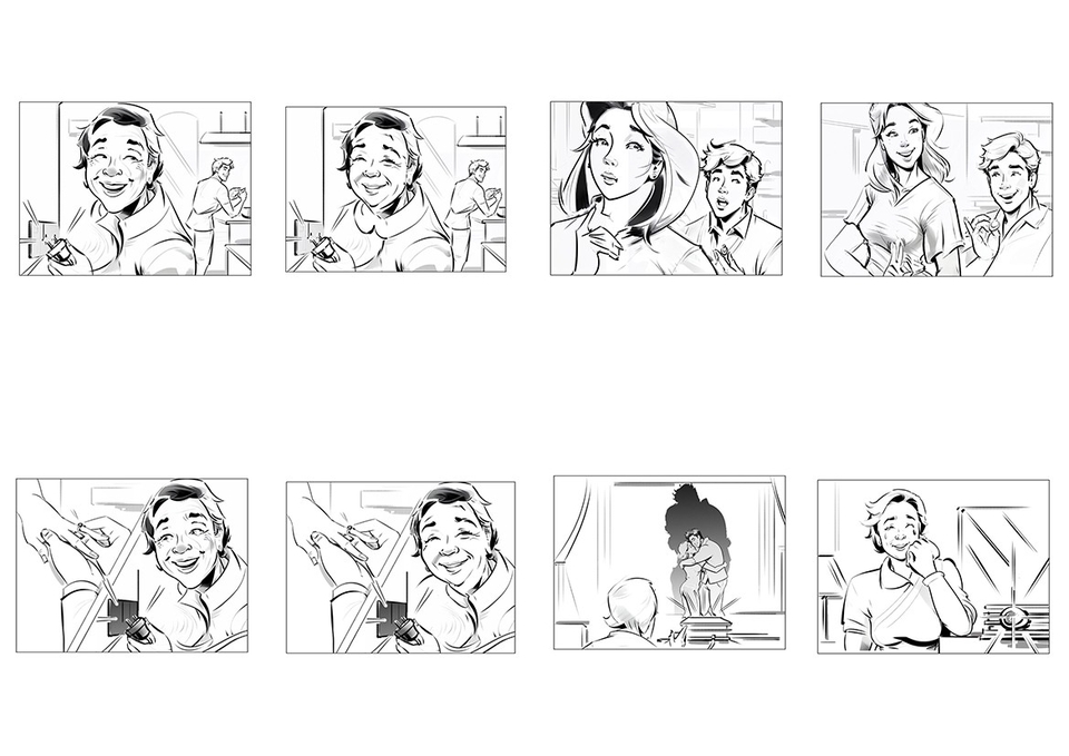 สตอรี่บอร์ดโฆษณาสินค้า ภาพร่างฉากต่าง ๆ เพื่อใช้ในการผลิตโฆษณา หนังสั้น หรืออนิเมชั่น