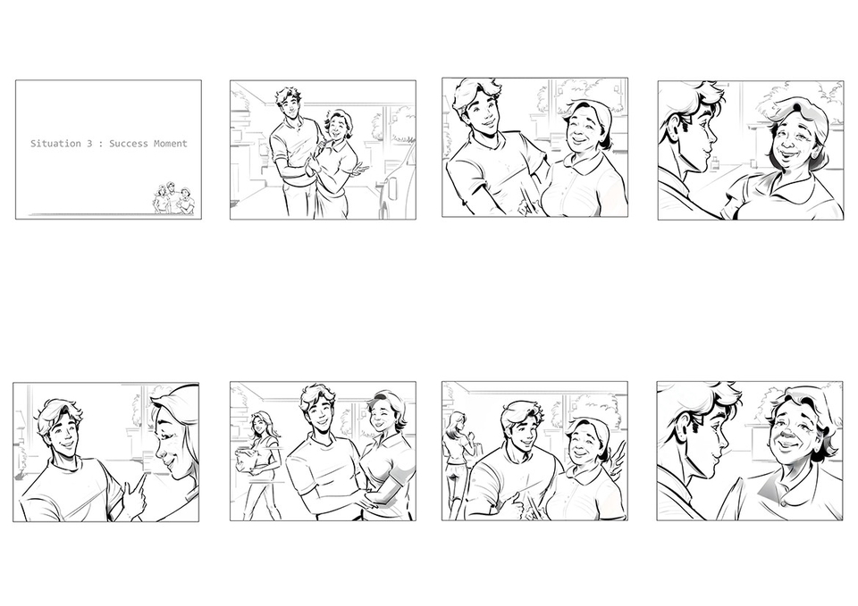 สตอรี่บอร์ดโฆษณาสินค้า ภาพร่างฉากต่าง ๆ เพื่อใช้ในการผลิตโฆษณา หนังสั้น หรืออนิเมชั่น