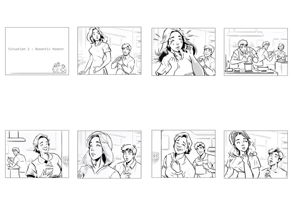 สตอรี่บอร์ดโฆษณาสินค้า ภาพร่างฉากต่าง ๆ เพื่อใช้ในการผลิตโฆษณา หนังสั้น หรืออนิเมชั่น