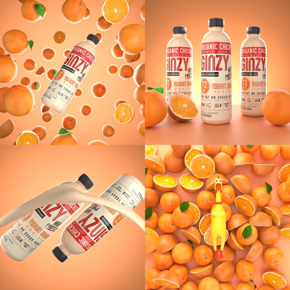 รับทำโมเดลสินค้า 3D Ginzy รูปขวดเครื่องดื่มพร้อมผลส้มและไก่ยางเพื่อการตลาด
