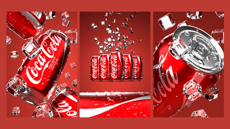 รับทำโมเดลสินค้า 3d packshot โค้กกระป๋องพร้อมน้ำแข็งและฟอง แสดงภาพ 3 มิติ