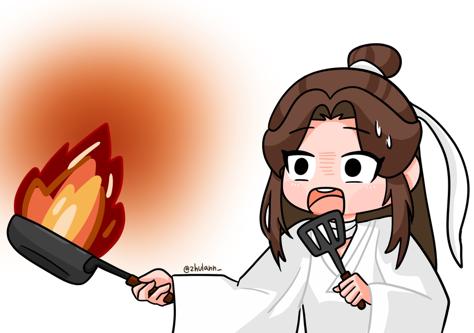 รับวาดภาพประกอบการ์ตูนน่ารัก รับวาดภาพดิจิตอลเพ้นท์รูปสาวน้อยถือกระทะไฟลุก ทำอาหารไม่เก่ง