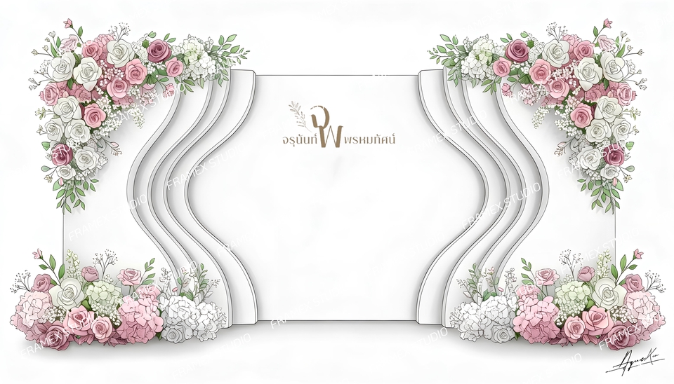 รับทำ backdrop สำหรับงานแต่งงาน ดีไซน์สวยงามด้วยดอกไม้โทนสีชมพูขาว