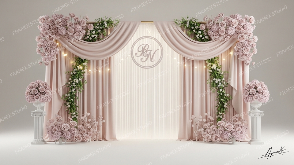 ทำ backdrop สำหรับงานแต่งงานสวยงาม, รับทำ backdrop ราคาถูก ตกแต่งด้วยดอกไม้สีชมพู,