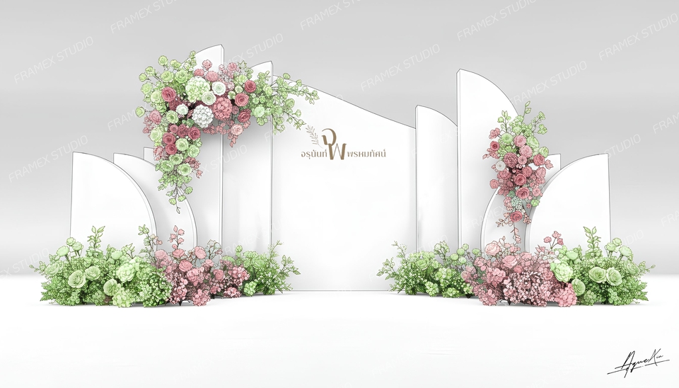 รับทำ backdrop สวยๆ ทำแบคดรอปงานแต่งสไตล์เกาหลี ดีไซน์เรียบหรู พร้อมตกแต่งดอกไม้สวยงาม