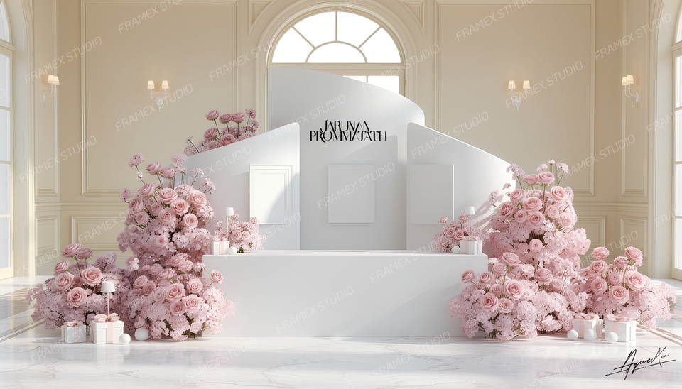 รับทำ backdrop ราคาถูก ออกแบบฉากหลังสวยๆ ตกแต่งด้วยดอกไม้สีชมพู ดูดี