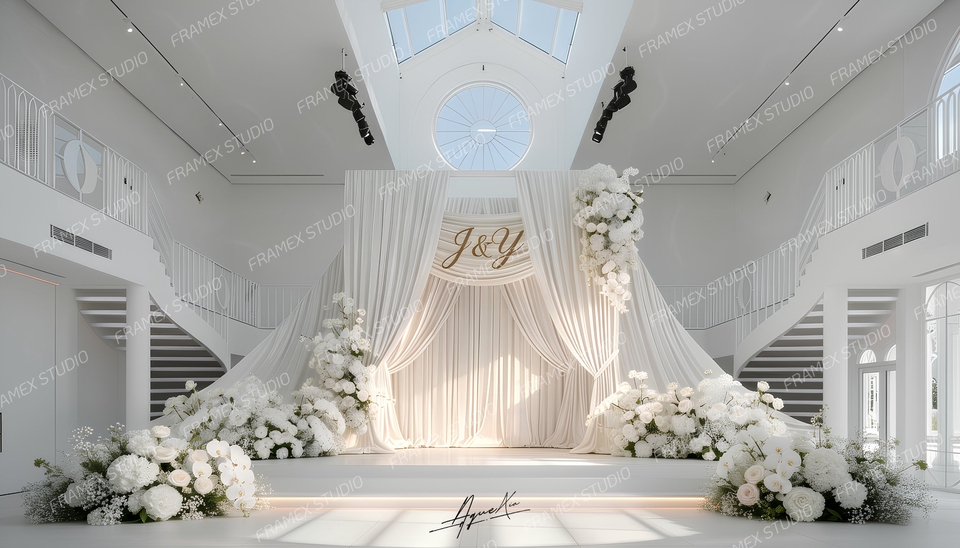 รับทำ backdrop งานแต่งงานหรูหราสีขาวสะอาดตา พร้อมดอกไม้ตกแต่งอย่างสวยงาม