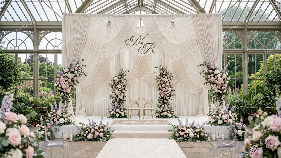 รับทํา backdrop งานแต่งสวยงาม ด้วยผ้าสีขาวอ่อน พร้อมดอกไม้ประดับอย่างหรูหรา