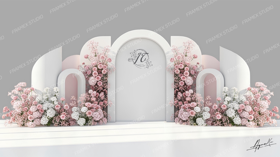 ทำ backdrop งานแต่งสวยๆ ด้วยดอกไม้สีชมพูขาว