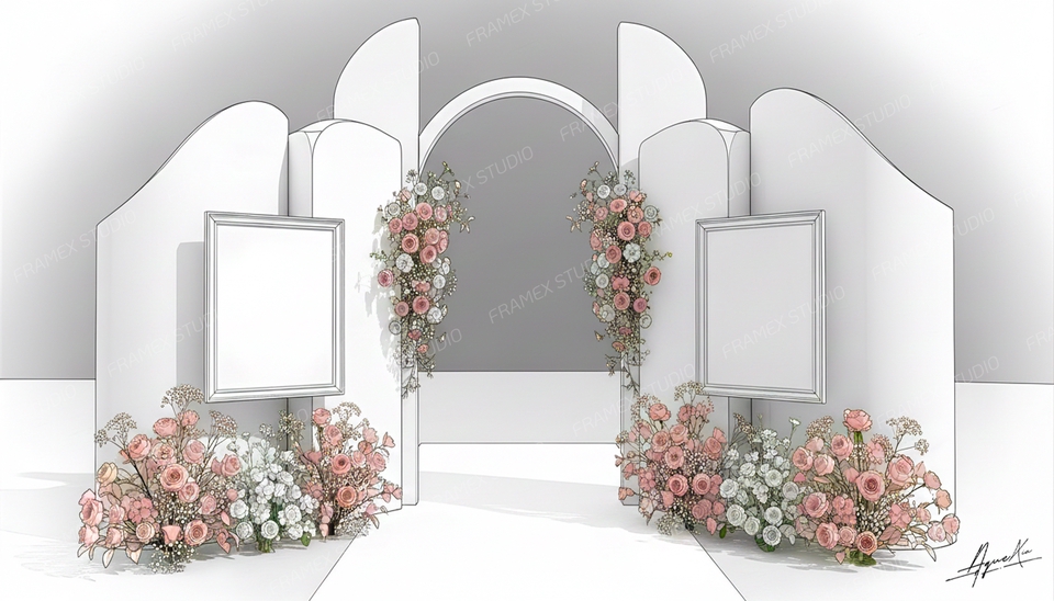 ทำแบคดรอปงานแต่งสวยๆ ดีไซน์เก๋ๆ พร้อมกรอบรูปและดอกไม้ประดับ เหมาะสำหรับเป็นฉากถ่ายรูป