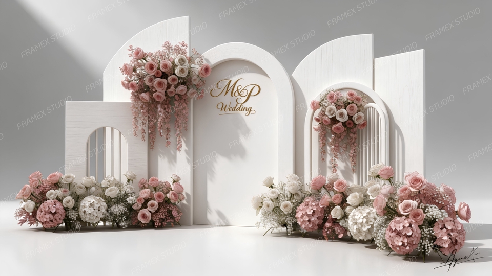 รับทำ backdrop สวยๆ ทำแบคดรอปงานแต่งงาน ดีไซน์เก๋ ตกแต่งด้วยดอกไม้สีชมพูขาว