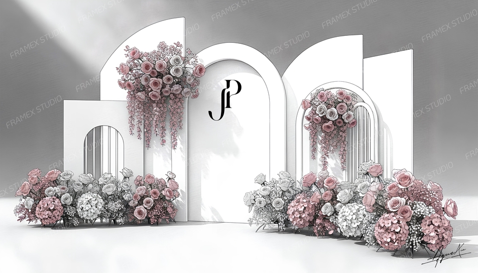 ทำแบคดรอปสวยๆ สำหรับงานแต่งงาน ดีไซน์ทันสมัย มีดอกไม้ตกแต่งอย่างสวยงาม รับทำ backdrop ราคาถูก