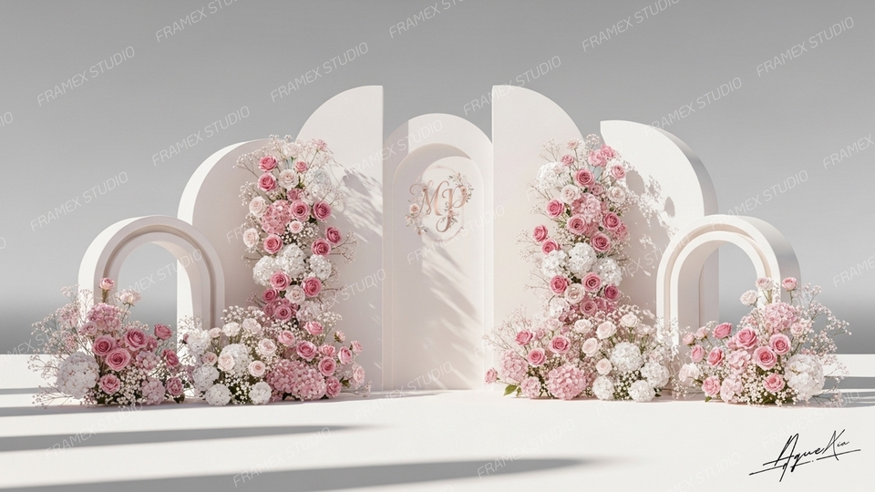 ทำแบคดรอปงานแต่งสวยๆ ดีไซน์เก๋ๆ ตกแต่งด้วยดอกไม้สีชมพูขาว จัดงานได้หลายสไตล์ รับทำ backdrop