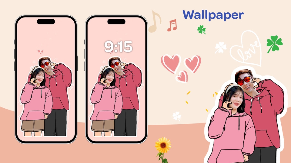 รับทำวอลเปเปอร์โทรศัพท์คู่รักน่ารัก สไตล์การ์ตูน