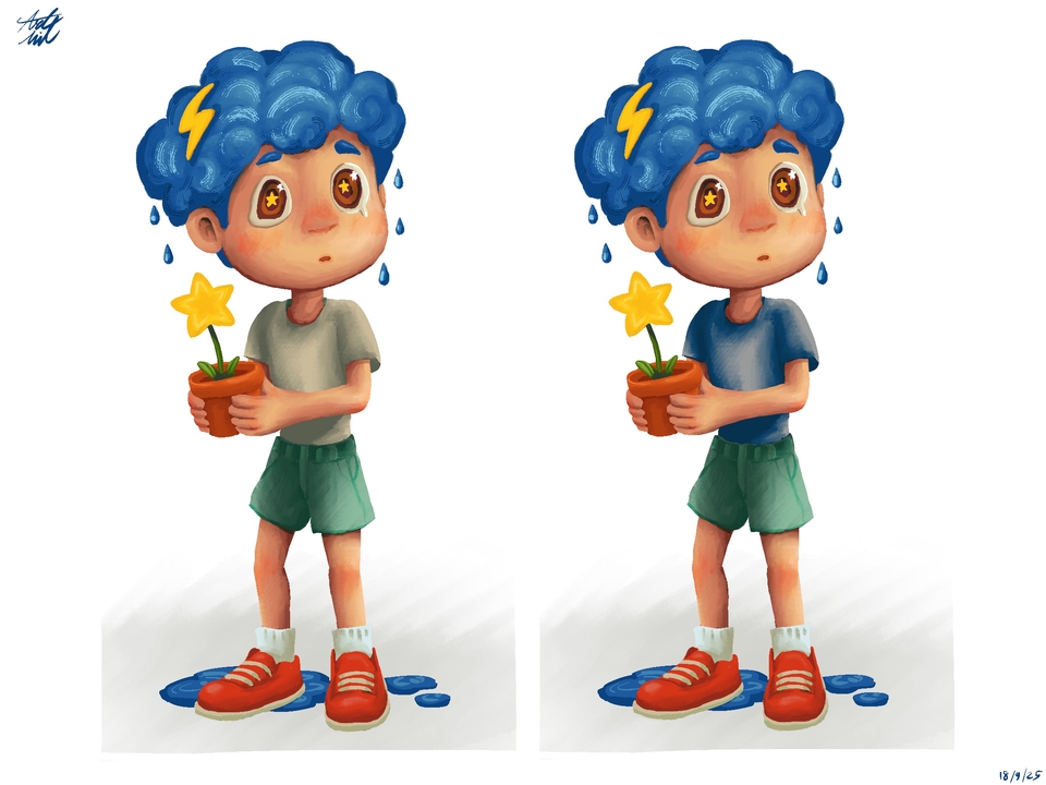 ออกแบบตัวการ์ตูนน่ารัก สไตล์ญี่ปุ่น เด็กผมฟ้าถือต้นไม้