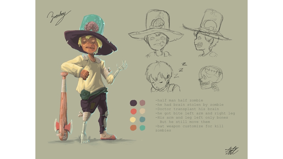 ออกแบบตัวละครเกม half-zombie สไตล์ญี่ปุ่น น่ารัก ถือไม้เบสบอล