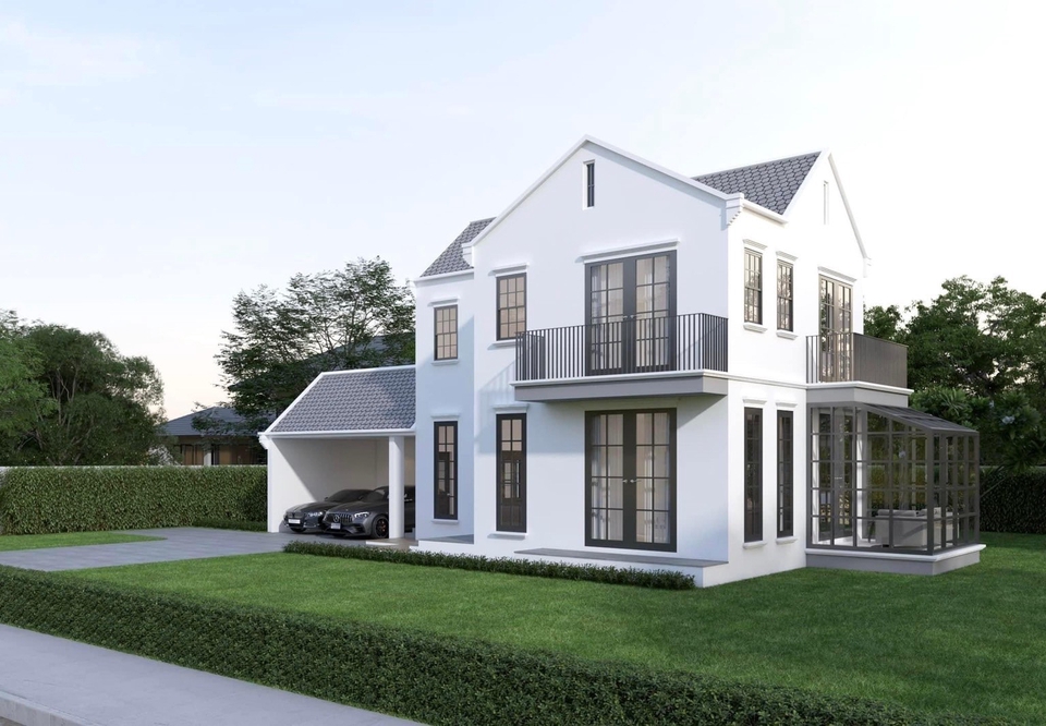 รับออกแบบบ้านสวยสไตล์โมเดิร์นสองชั้น พร้อมโรงจอดรถ