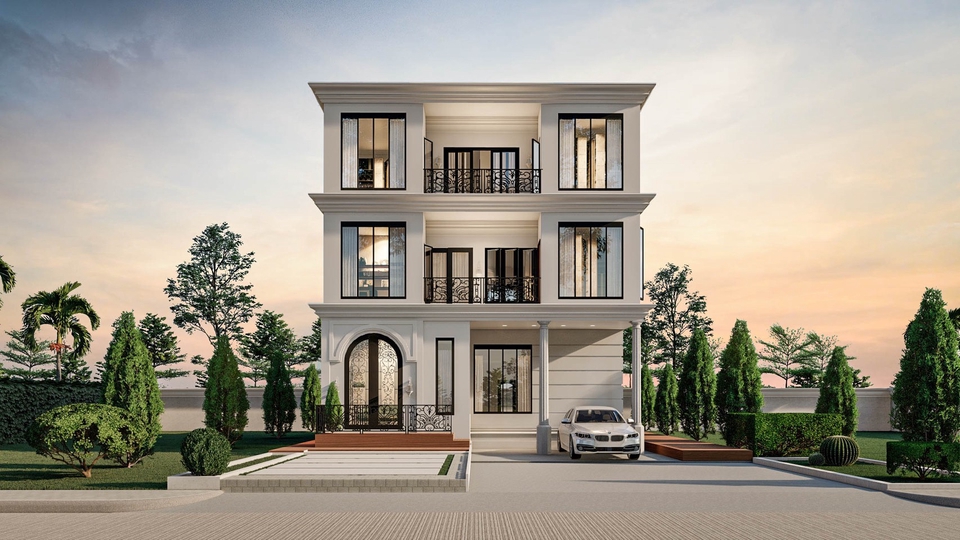 รับออกแบบบ้าน3ชั้นสไตล์โมเดิร์นหรู ตกแต่งภายในสวยงาม