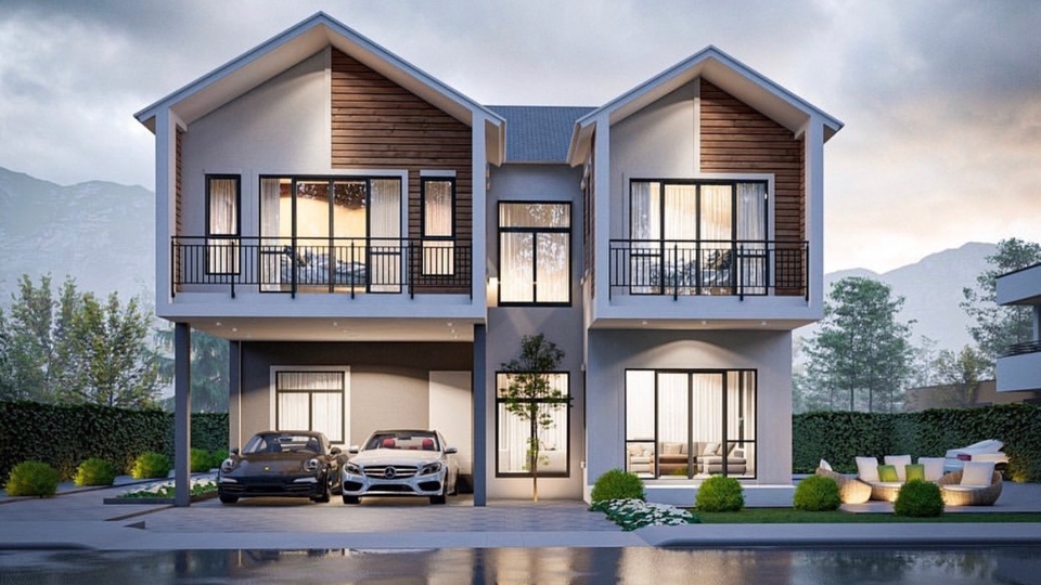 รับออกแบบบ้านสองชั้นสไตล์โมเดิร์น ตกแต่งภายในสวยหรู