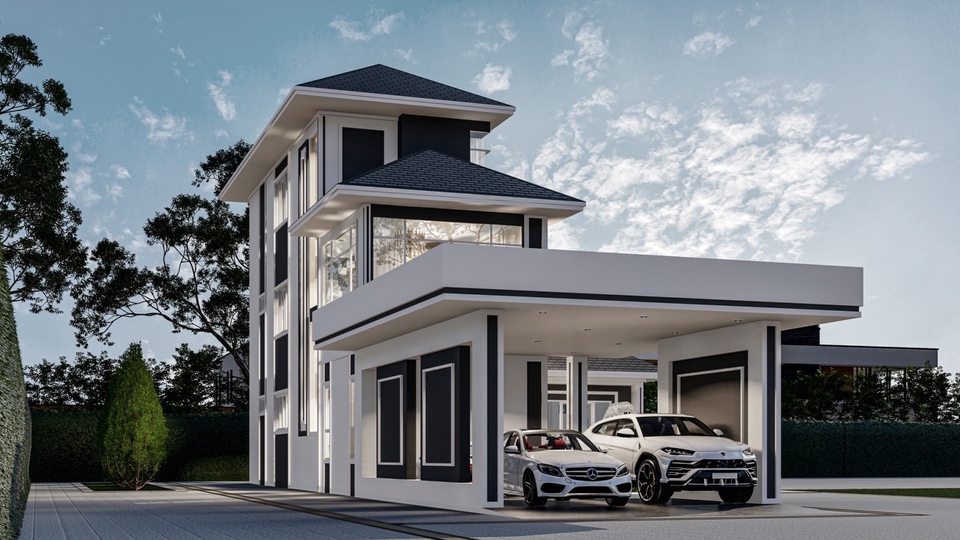 รับออกแบบบ้านหรูสองชั้น พร้อมที่จอดรถในตัว ออกแบบตกแต่งภายในสวยงาม