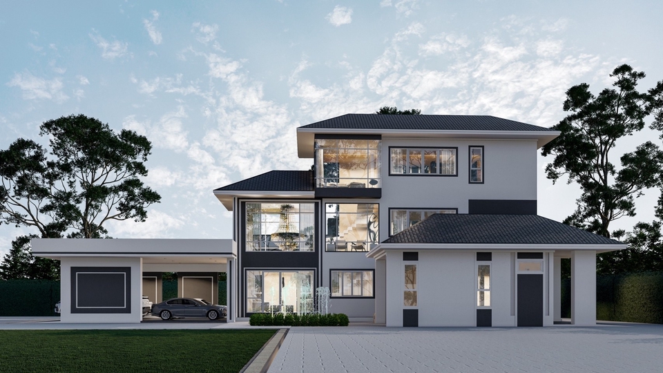 รับออกแบบบ้านสองชั้นสไตล์โมเดิร์น ออกแบบตกแต่งภายในสวยหรู