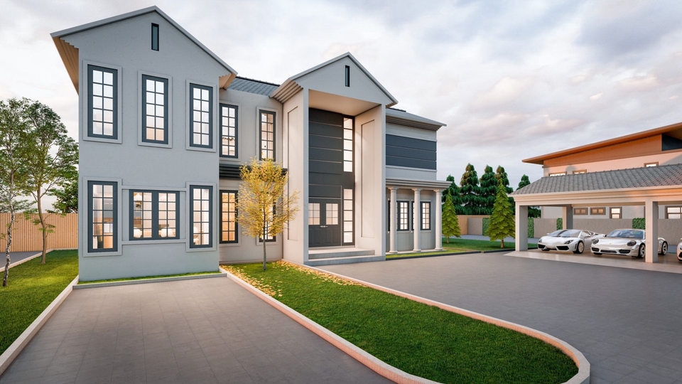 รับออกแบบบ้านหรูสองชั้น พร้อมที่จอดรถ ออกแบบตกแต่งภายในสวยงาม