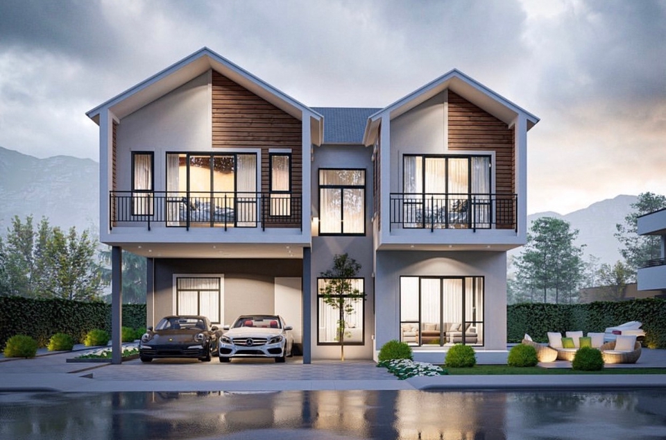 รับออกแบบบ้านสองชั้นสไตล์โมเดิร์น ตกแต่งภายในสวยหรู