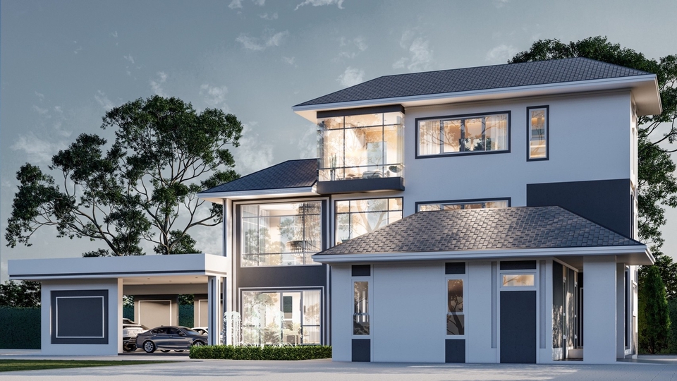 รับออกแบบบ้านสองชั้นสไตล์โมเดิร์นสวยหรู พร้อมโรงจอดรถ