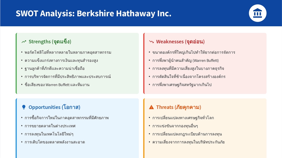 วิเคราะห์ Berkshire: การเงินมั่นคง พอร์ตหลากหลาย ท้าทายด้วยการพึ่งพาตัวบุคคลสำคัญ