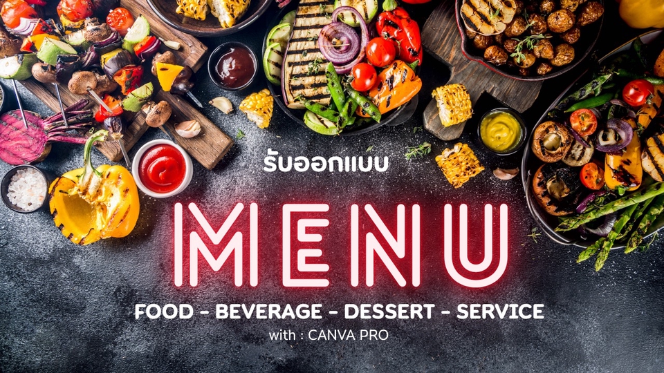 ออกแบบเมนูอาหารด้วย Canva, รับทำสไลด์, ทำโปสเตอร์, ออกแบบ canva สำหรับร้านอาหาร. ภาพรวมของอาหารหลากหลายชนิด พร้อมให้บริการเมนู, เครื่องดื่ม, ของหวาน, และบริการต่างๆ ด้วย Canva โปร