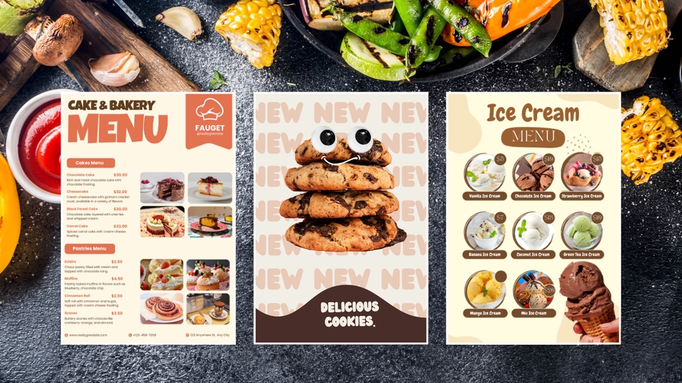 ออกแบบเมนูขนม ของหวาน ไอศกรีม เค้ก เบเกอร์รี่ เพื่อให้น่าดึงดูด โดดเด่น น่ากิน ส่งเสริมภาพลักษณ์ร้าน
