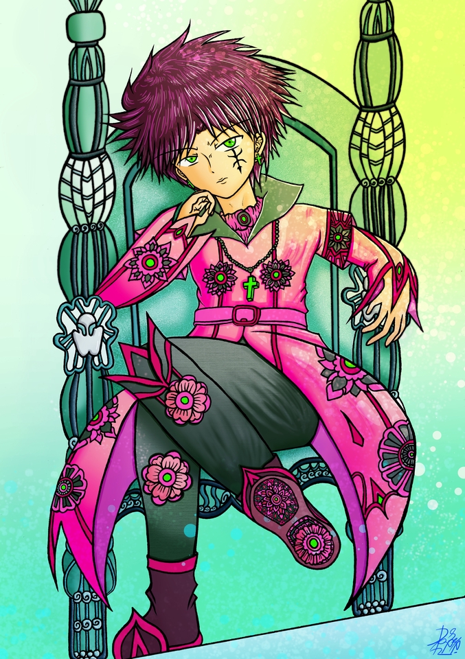 รับวาดรูป ตัวละครอนิเมะชาย นั่งบนบัลลังก์ แต่งกายด้วยชุดสีชมพูลายดอกไม้ วาดภาพประกอบดิจิทัล