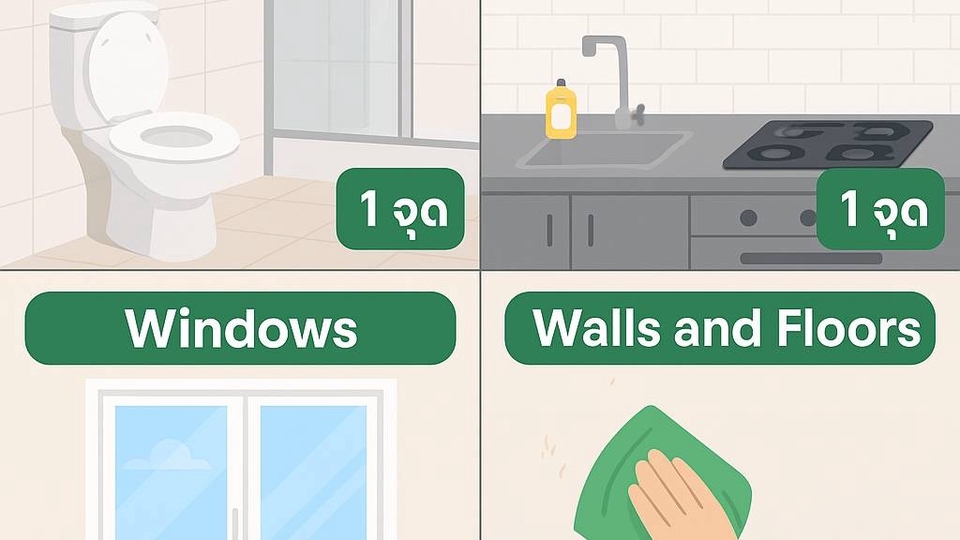 4 จุดพื้นที่ สำคัญ ในการทำความสะอาด
1. ห้องน้ำ
2. ห้องครัว
3. กระจกหน้าต่าง/ประตู
4. พื้น/ผนัง