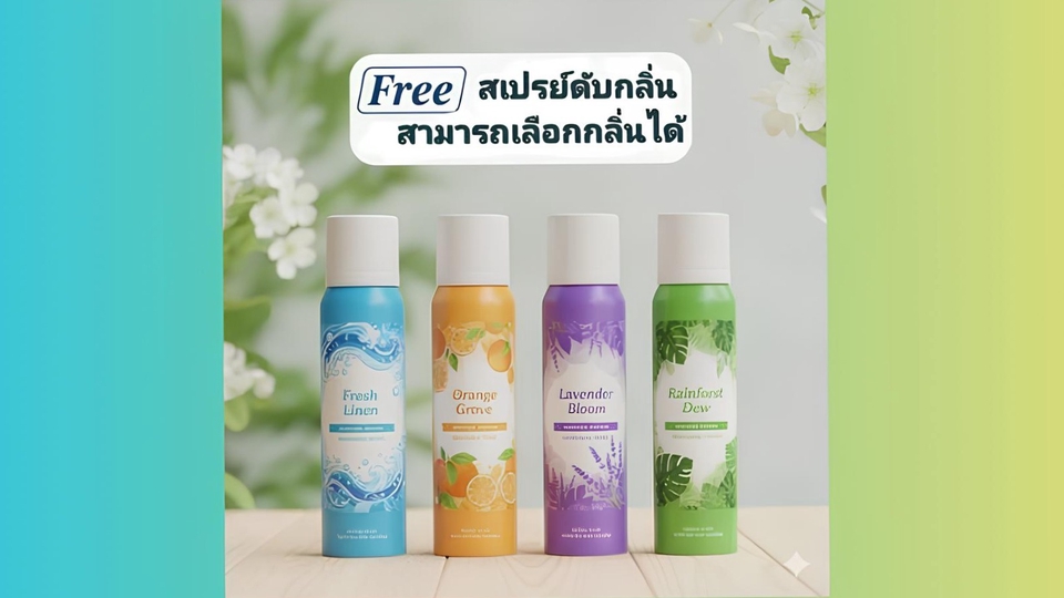 รับฟรี !! สเปรย์ดับกลิ่น ปรับบรรยากาศห้อง
ให้หอมนานยิ่งขึ้น ลดฝุ่น กำจัดเชื่อโรค
สามารถเลือกกลิ่นได้
