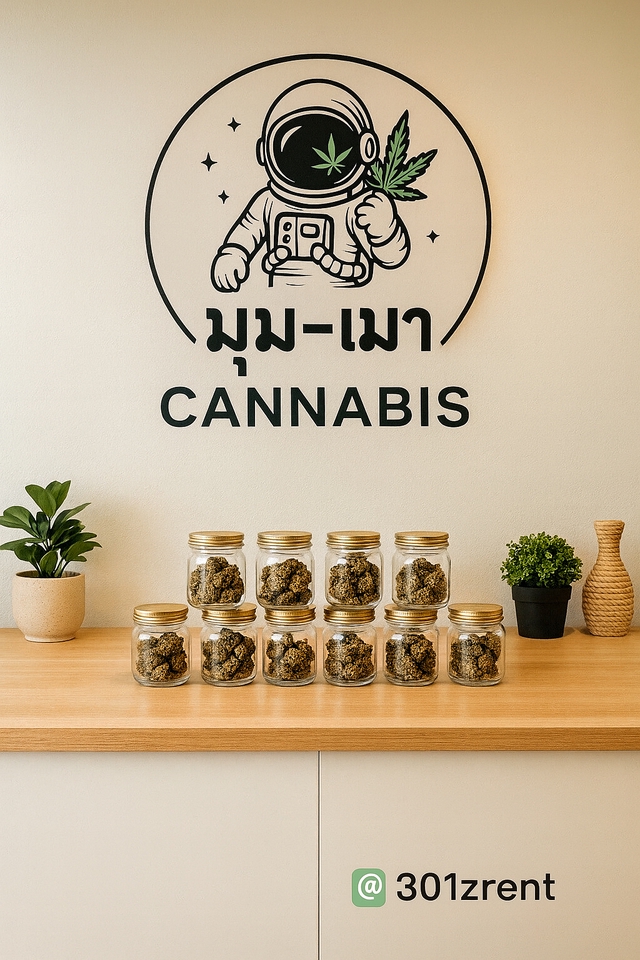 ปริ้นโปสเตอร์ ร้านขายกัญชา มีรูปนักบินอวกาศถือใบกัญชา พร้อมโถแก้วใส่กัญชาเรียงบนเคาน์เตอร์ไม้ สำหรับทำป้ายร้านสวยๆ รับทำโปสเตอร์ สั่งทำโปสเตอร์ติดผนัง ราคาถูก ปริ้นโปสเตอร์ราคาถูก ปริ้นป้ายโฆษณา ทำป้ายโฆษณา
