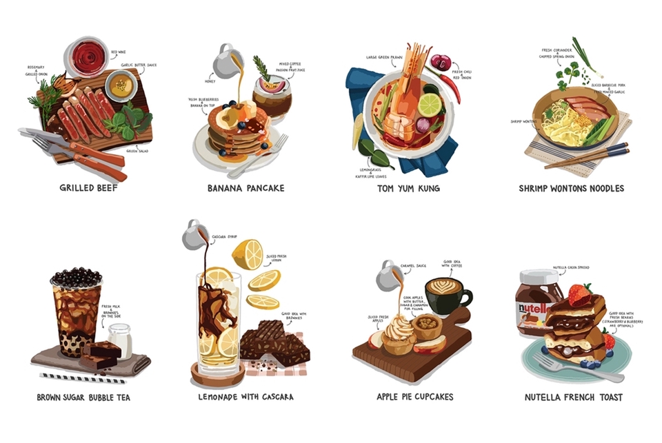 วาดภาพประกอบสำหรับสื่อสิ่งพิมพ์, Packaging, Presentation, ลายผ้า, อาหาร, เครื่องดื่ม เป็นต้น