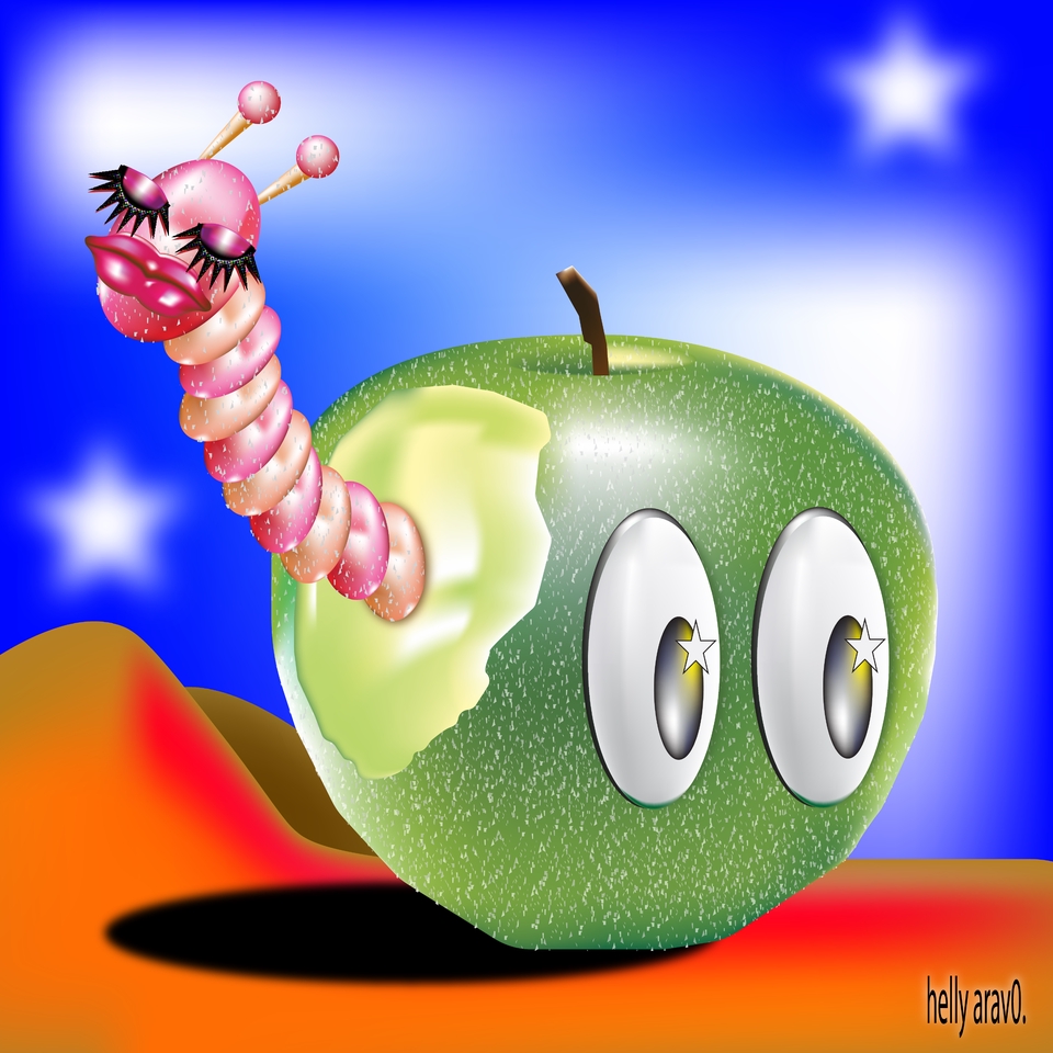 วาดภาพประกอบแอปเปิ้ลและหนอนน่ารัก