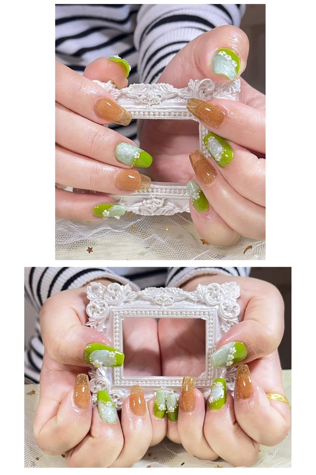 บริการทำเล็บที่บ้าน สีเขียวน้ำตาล แต่งเล็บเจลสวย