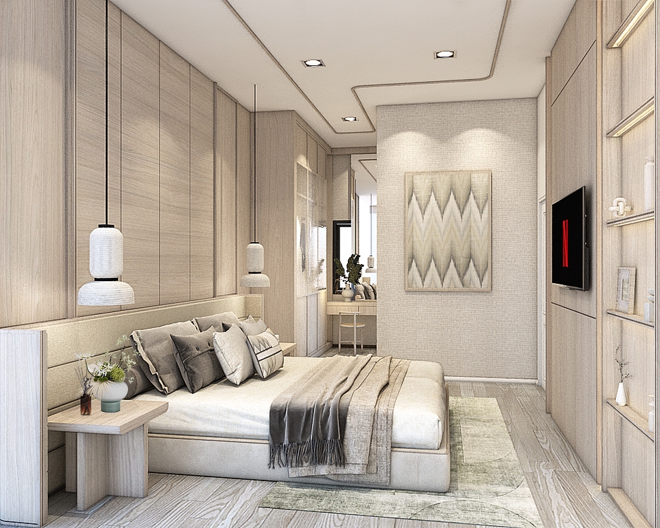 รับออกแบบตกแต่งภายในห้องนอนสไตล์โมเดิร์น เรียบหรูดูดี เตียงนอนขนาดใหญ่
