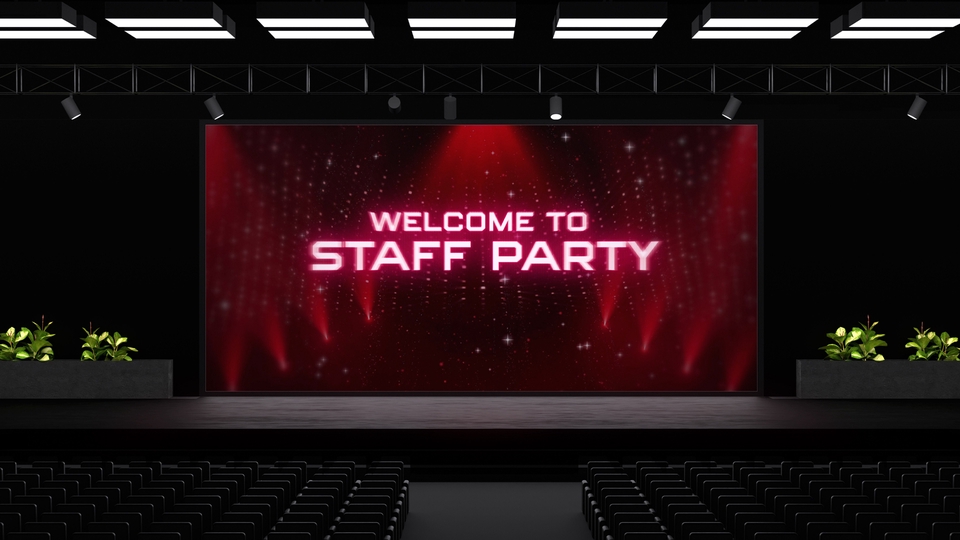 รับทำ motion graphic ฉากต้อนรับงานเลี้ยงพนักงานพร้อมข้อความ "WELCOME TO STAFF PARTY"