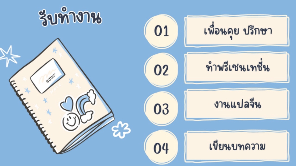 รับเขียนนิยาย เรื่องสั้น บทความ แปลภาษาจีน พิสูจน์อักษร
รับเพื่อนคุยปรึกษา
รับทำพรีเซนเทชั่นงานต่างๆ