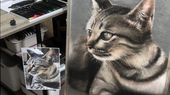 ภาพขณะทำงาน น้องแมวเหมือนจริงด้วยเทคนิคสีขาโคล