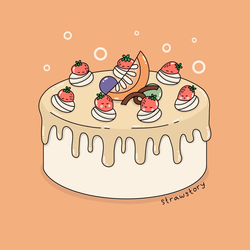 วาดภาพประกอบเค้กน่ารักสีพาสเทล ผลไม้สดใส