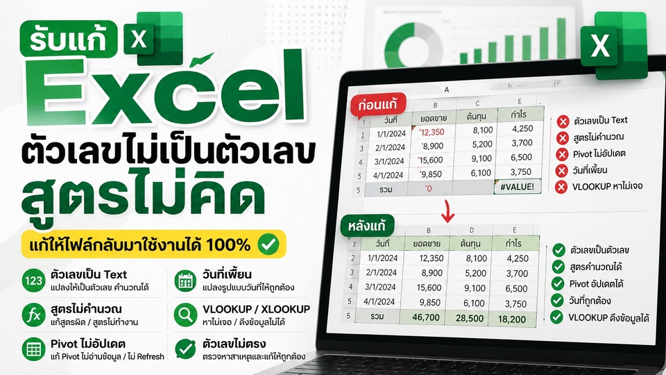 รับเขียน Excel แก้ปัญหาตัวเลข สูตรไม่คิด ให้ไฟล์กลับมาใช้ได้ 100% ตรวจจับข้อผิดพลาด VLOOKUP
